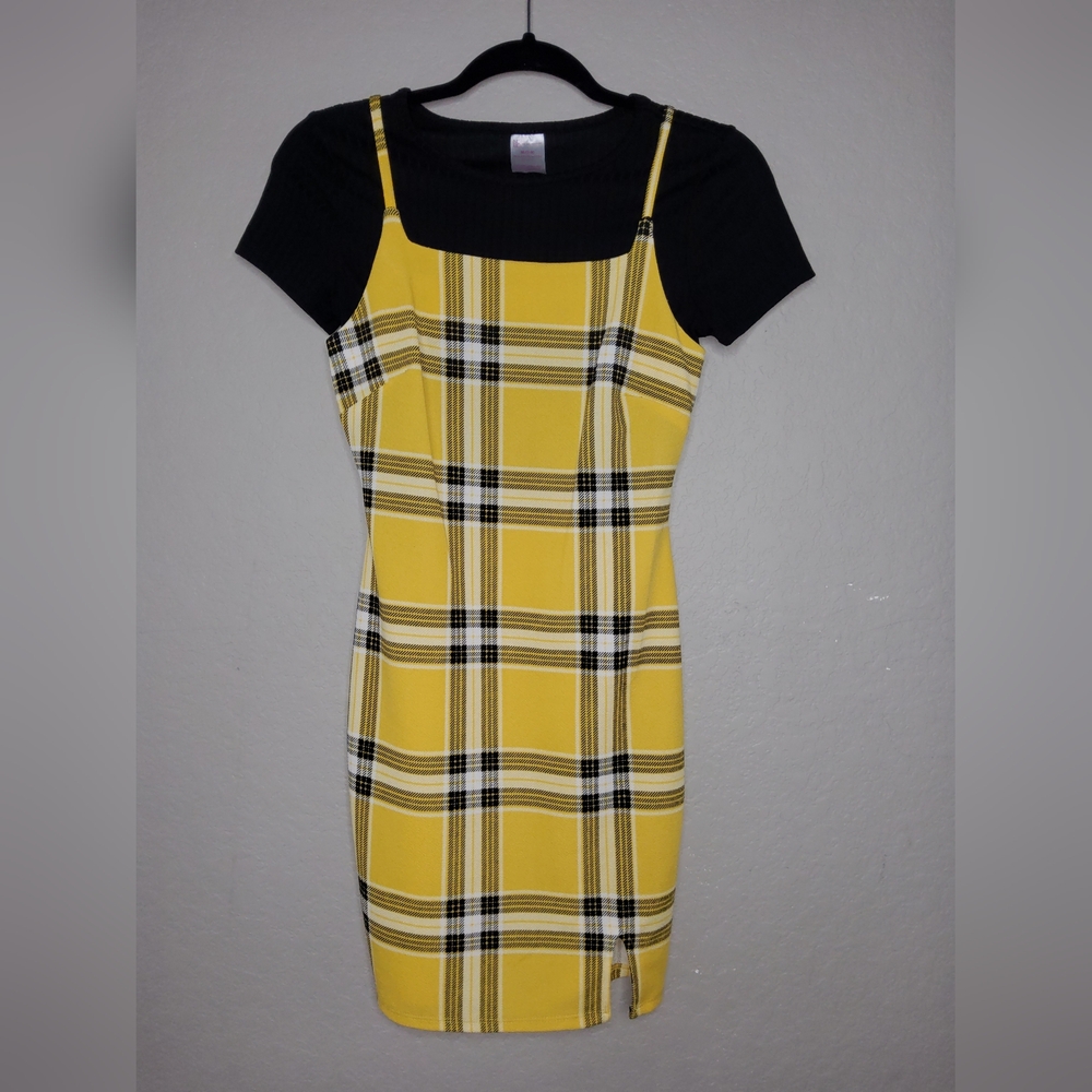 No Boundaries Yellow Plaid Mini Dress with Black Accents